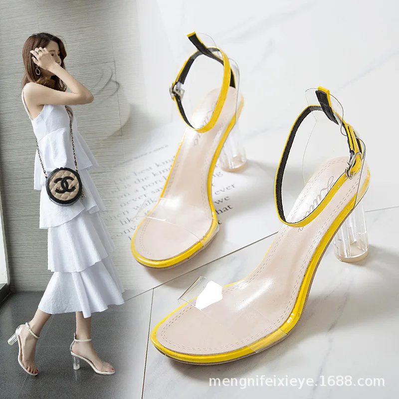 

Online Celebrity Style White Transparent High Heel Shoes 2019 New Style Summer Sandals Versitile Fashion Straight-line Buckle Po