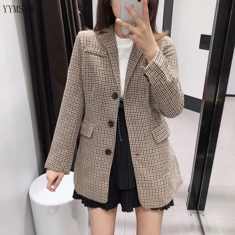 Autumn and winter jacket feminine 2020 Loose Single-breasted Plaid Mid-length Women's Blazer Retro Female Small suit coat women