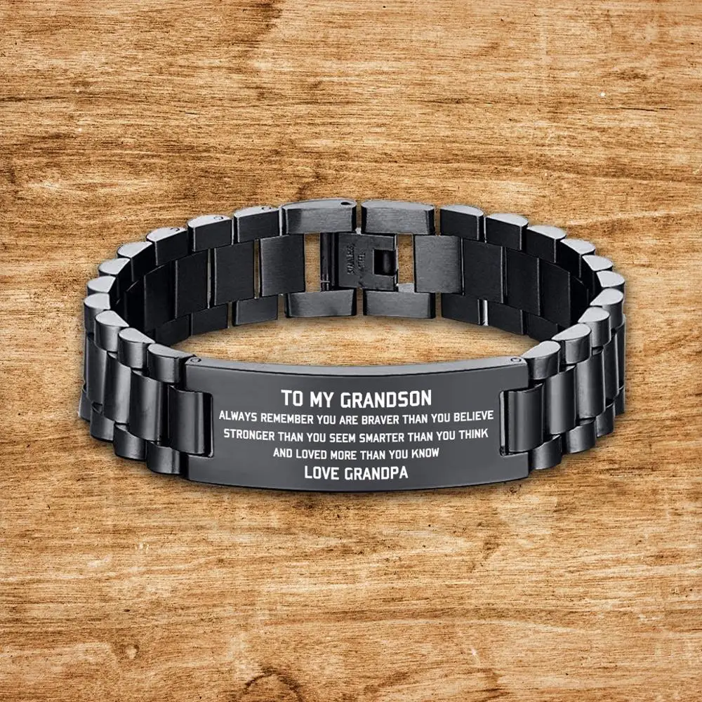 Grandpa To My Grandson Black Men's Stainless Steel Engrave ID Bracelet Watch Link Design Multicolor Unique Meaningful afbeelding