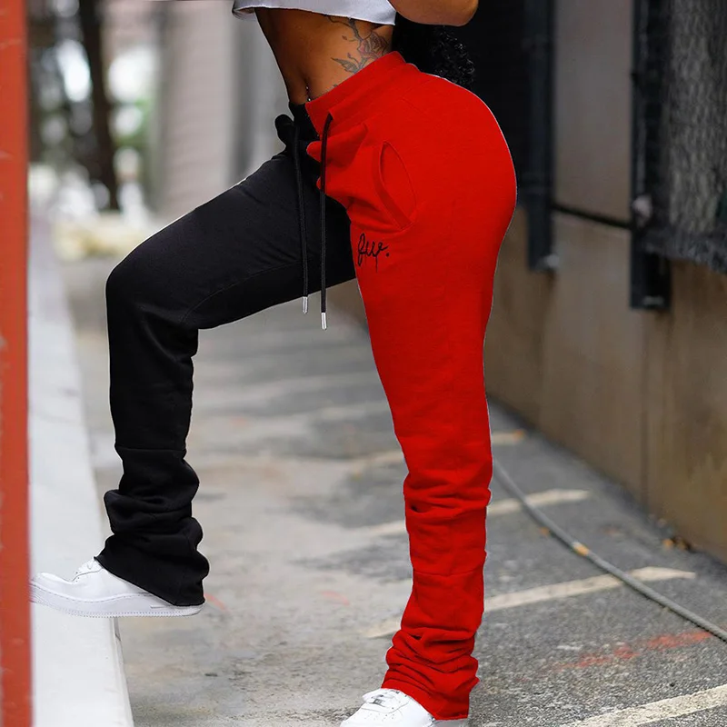 

Street Style Sweatpants for Women High Waist Drawstring Flare Pants Casual Extra Long Pants Color-blocked Trousers Streetwear