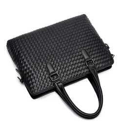 Men's Luxury Brand Business Briefcase Large Capacity Authentic Leather Woven Classic Shoulder Handbag 14-Inch Notebook
