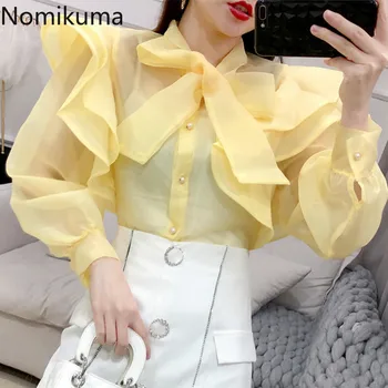 

Nomikuma Elegant Bow Tie Collar Full Sleeve Shirts Solid Color Ruffle Slightly Transparent Fashion Blouse Women Blusas 3a591