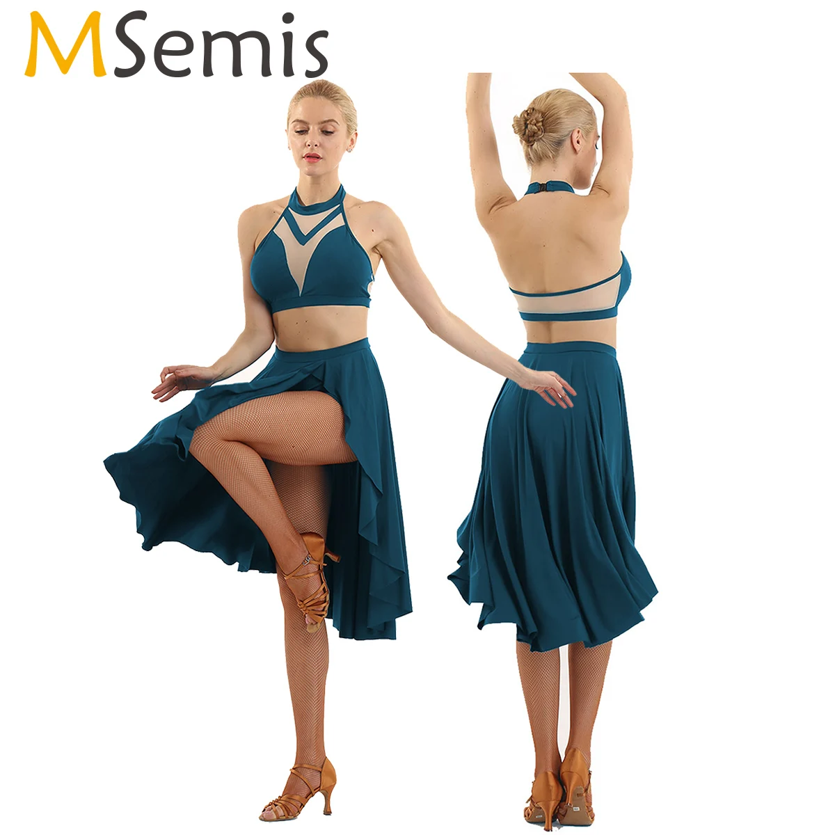MSemis, 2 шт., женское платье для танго, сальсы, латинских танцев, костюм, асимметричный, лирический, танцевальный наряд, без рукавов, с открытой спиной, укороченный топ, юбка для латинских танцев