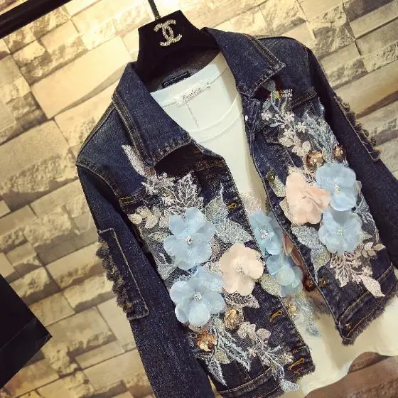 Весна Осень Высокое качество Женская корейская мода Джинсовая петля для пальто вышивка синий цветок тонкие джинсы пальто женские уличные пальто