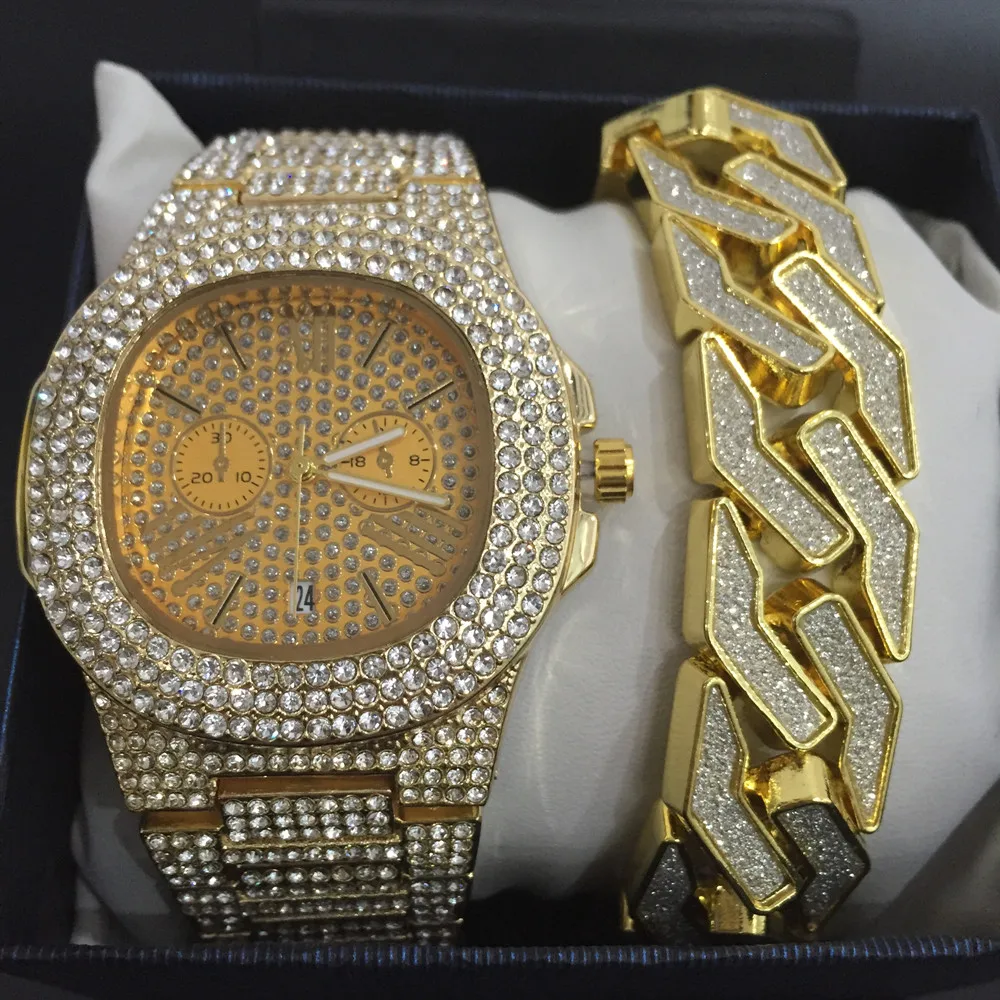 Роскошные мужские золотые часы в стиле хип-хоп, сплав, ледяные кубинские мужские часы и браслет, золотой браслет геометрической формы, хип-хоп браслет для мужчин - Окраска металла: Светло-желтый цвет