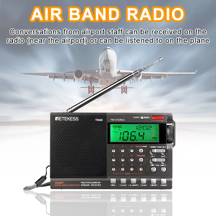 Retekess TR608 FM/MW/SW/Air Многополосный Радио Портативный цифровой радио динамик с ЖК-дисплеем с часами будильник таймер сна