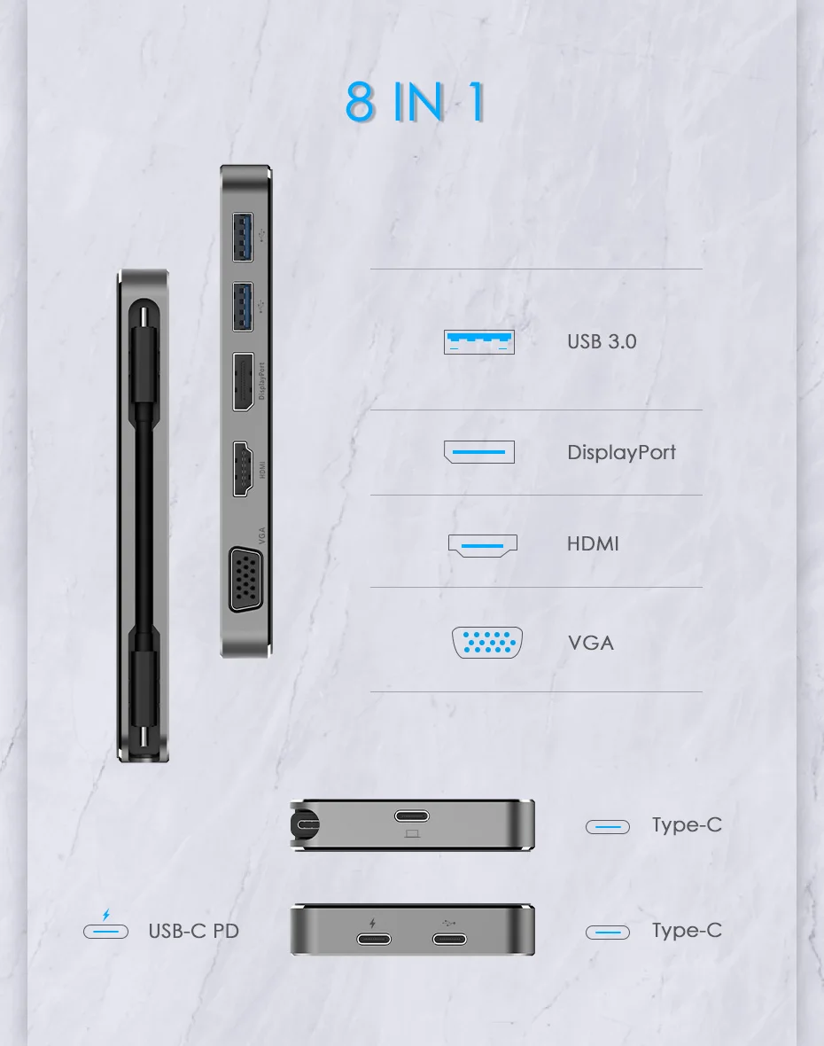 Lention USB-C портативная док-станция 1080P с 2 USB 3,0, HDMI+ DisplayPort+ VGA выход, type C данных+ адаптер для зарядки