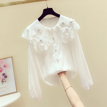 

White Blouse Women Beads Stereo Flower Lace Doll Collar Shirt Ladies Tops Girls Students Blouses Blusas