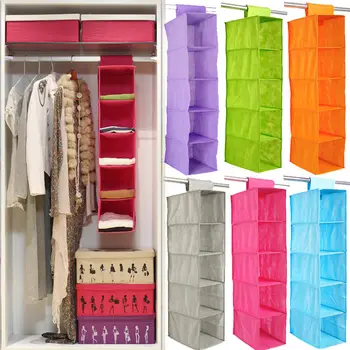 

5Layers Foldable Hanging Wardrobe Section Storage Organiser Cabinet Hanging Clothes Canvas Bag Box Garment Tidy Hanger Organizer