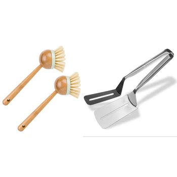 

1x Stainless Steel Barbecue Tongs Kitchen Tongs Steak Bread Tongs Clip & 2 Pcs Dish Brush with Wooden Handle