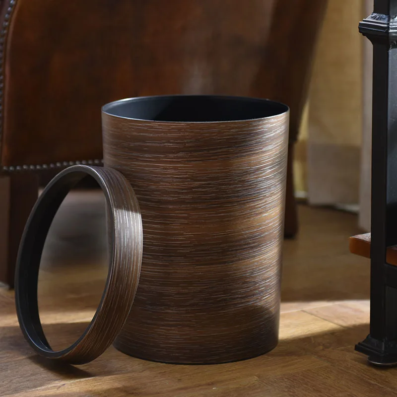 

Retro Wood Grain Trash Can Household Creative Living Room Kitchen Toilet Paper Basket Plastic with Pressure Ring Uncovered Queen