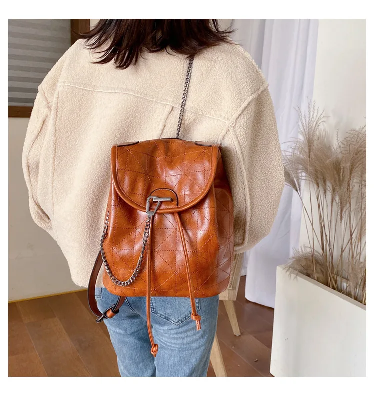 Women's Fashion Soft Leather Backpack With Chain Female Large Capacity Geometric Backpack Purse Girls Travel Bags Black Wine red (14)