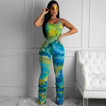 

Women Sleeveless Tie-Dye Printed Jumpsuit Fashion And Chic Slim-Fit Pleated Tights Romper For Women Tie Dying Playsuit Ladies