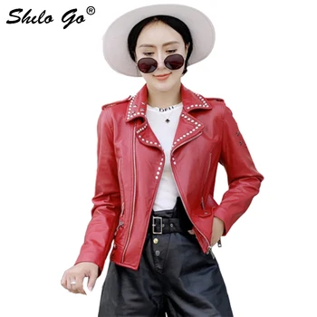 

Genuine Leather Jacket Highstreet Rivets Detail Moto Zip Sheepskin Coat Women Autumn Winter Casual Slim Fit Outwear Female Red