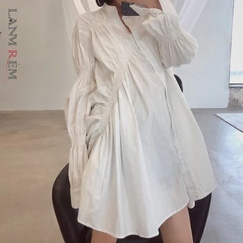 

LANMREM 2020 new spring and summer turn-down collar full lantern sleeves pleated asymmetrical cotton shirt dress JO47800