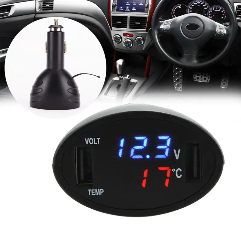 3in1 12V/24V Temperature Meter Voltage Gauge Cigarette Lighter Accessory Digital LED Car Voltmeter Thermometer Auto USB Charger