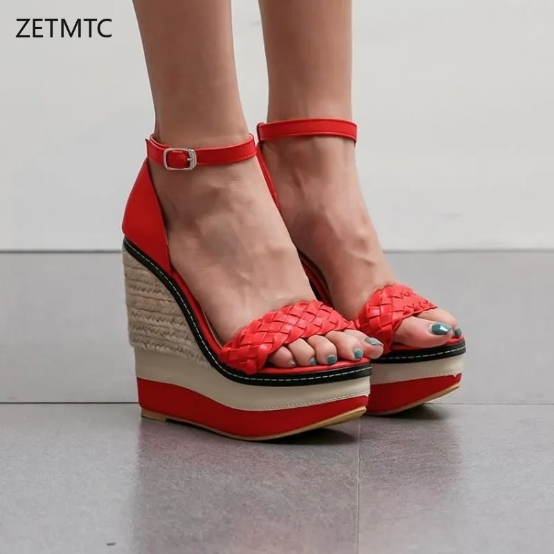 

platform sandals luxury shoes women designers Buckle Strap Super High 148cm Cover Heel Wedges PU womens shoes Weave Party