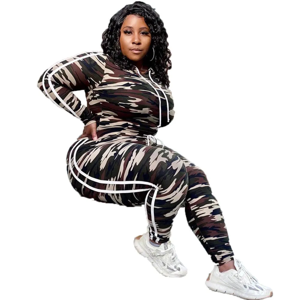 new fashion women camouflage tracksuit hooded long sleeve tops penciljogger sweatpants suit two piece set matching set