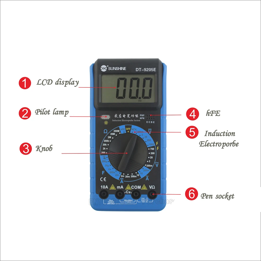 4-разрядный ЖК-дисплей Цифровой Высокоточный мультиметр SUNSHINE 9205E Индукционная ручка мобильного телефона напряжение постоянного тока сопротивление инструмент обнаружения