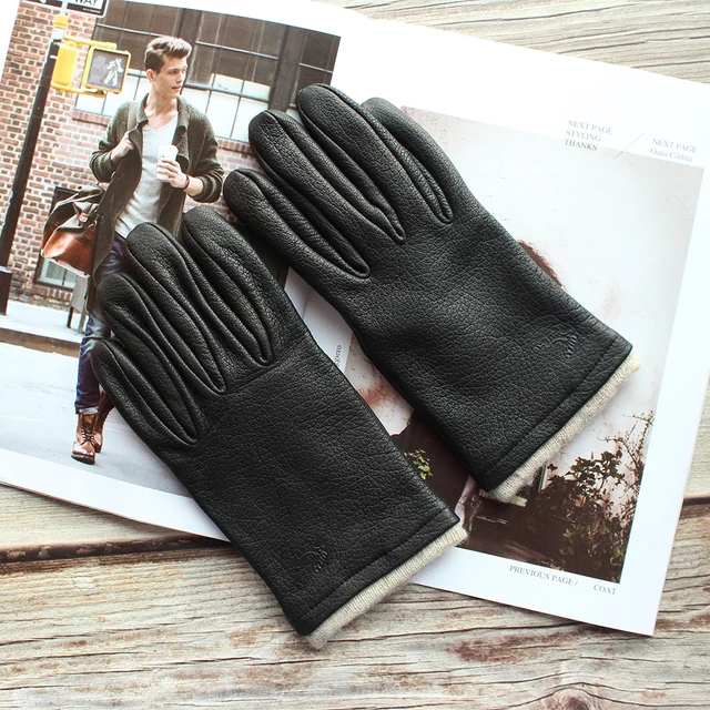 New men's deerskin gloves leather fashion bow-shaped retro autumn and winter driving and riding motorcycle warm gloves Straight style