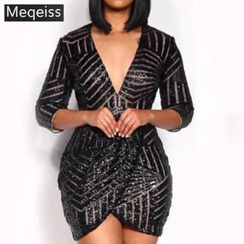 

2019 New Spring Celebrity Runway Party Sequined Dress Women Long Sleeve Sexy Black Deep V Mini Luxury Club Dress Vestidos