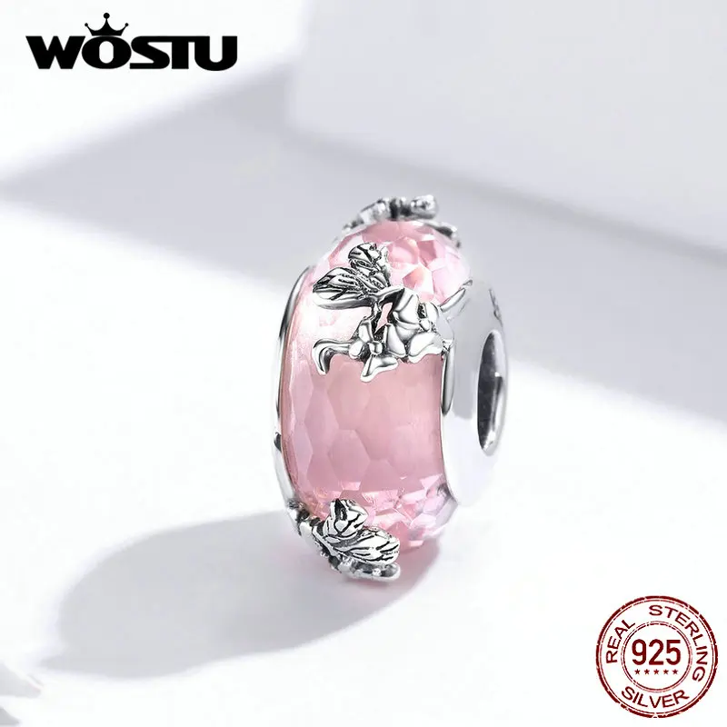 WOSTU реальные 925 пробы Серебристые бусины муранское Стекло розовые бусины с украшением в виде кристаллов Круглые Подвески подходят к оригинальному браслету подвеска Роскошные ювелирные изделия