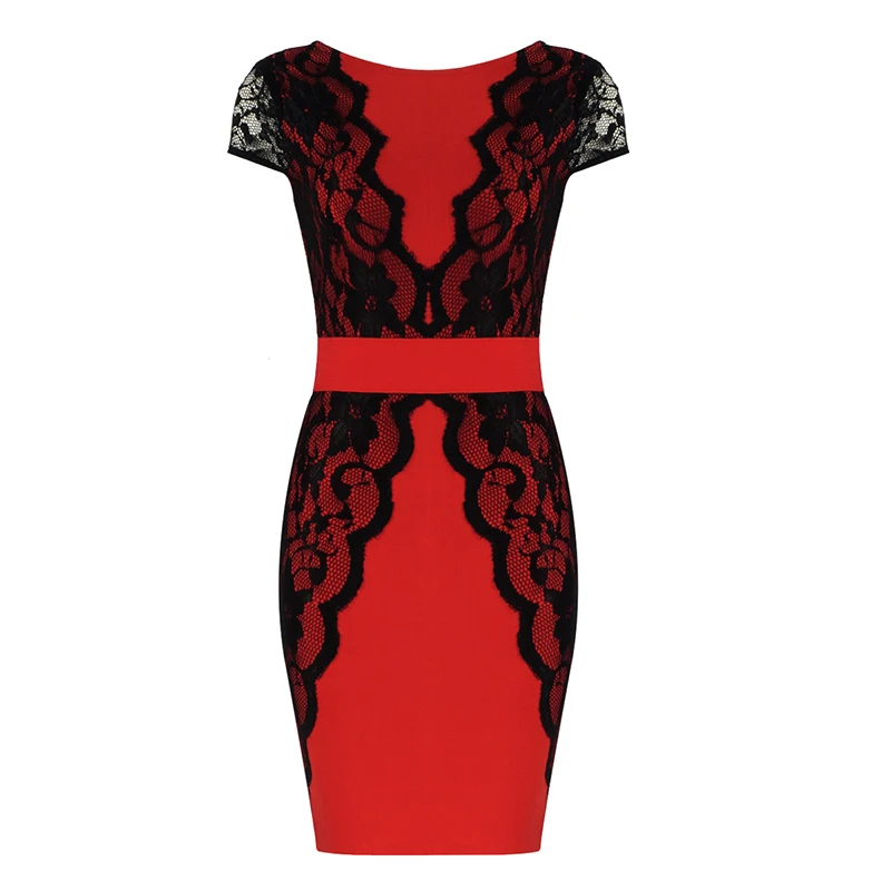 VC,,, Бандажное платье, женское, кружевное, облегающее, Vestidos, сексуальное, с открытой спиной, с круглым вырезом, вечерние платья знаменитостей - Цвет: Красный