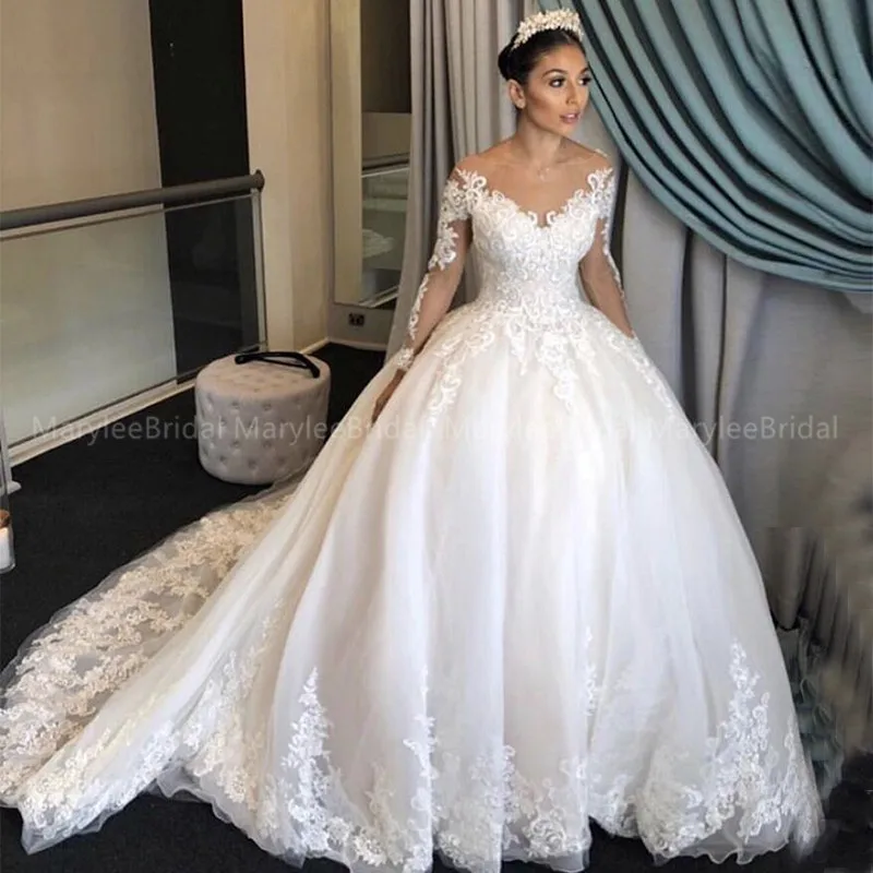Принцесса бальное платье casamento совок шеи свадебное платье с длинным рукавом Vestido de noiva старинные аппликации Часовня Поезд халат