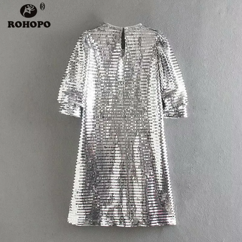 ROHOPO, серебряное металлическое мини-платье с блестками, короткий рукав, круглый воротник, пуговицы, женское сексуальное платье#9432
