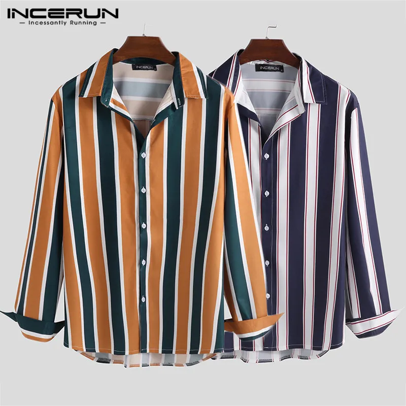 

INCERUN Autumn Shirt Men Long Sleeve Striped Lapel Streetwear Camisa Masculina Chic Button Korean Style Business Shirt Men 2019