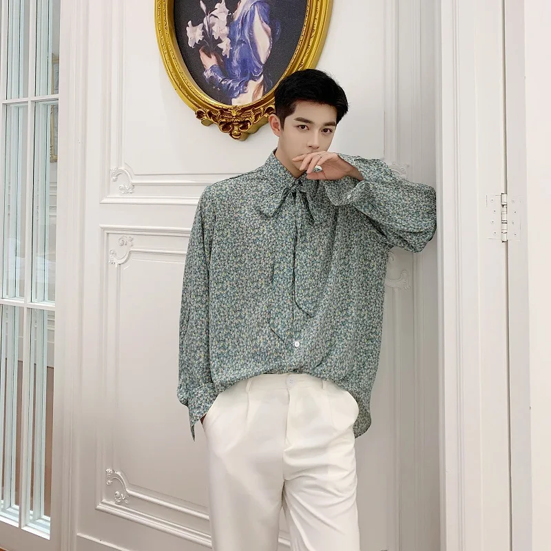 

Men Spring Style Print Casual Long Sleeve Shirts Male Tie Streetwear Vintage Loose Fashion Show Dress Shirts