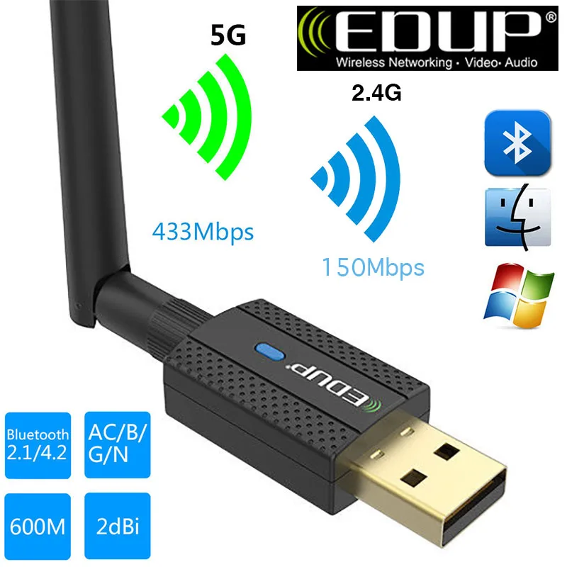 EDUP 600 м USB 2,0 5,8G Двухдиапазонная сеть AC600 2,4G WiFi адаптер 2 в 1 600 Мбит/с беспроводной Bluetooth 4,2