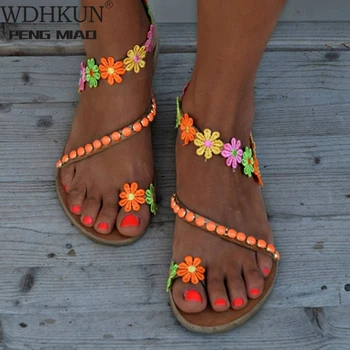

WDHKUN Summer Shoes Woman Gladiator Sandals Women Shoes Flat Fashion Weet Flowers Boho Beach Sandals Ladies Plus Size 44