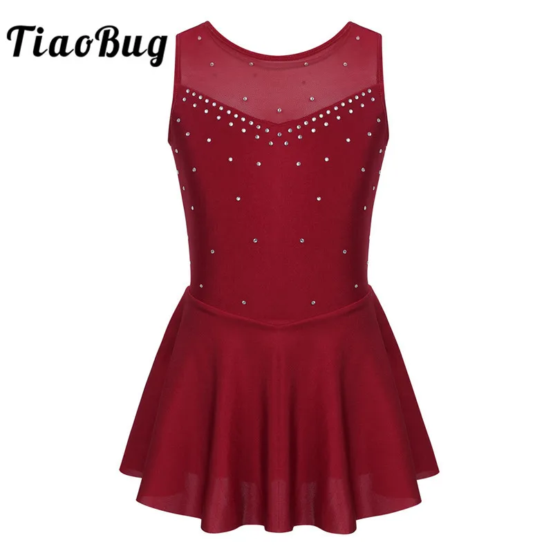 TiaoBug Kids Sleeveless Sparkly Rhinestones Tulle Figure Skating Dress Girls Ballet Gymnastics Leotard Lyrical Dance Costumes
