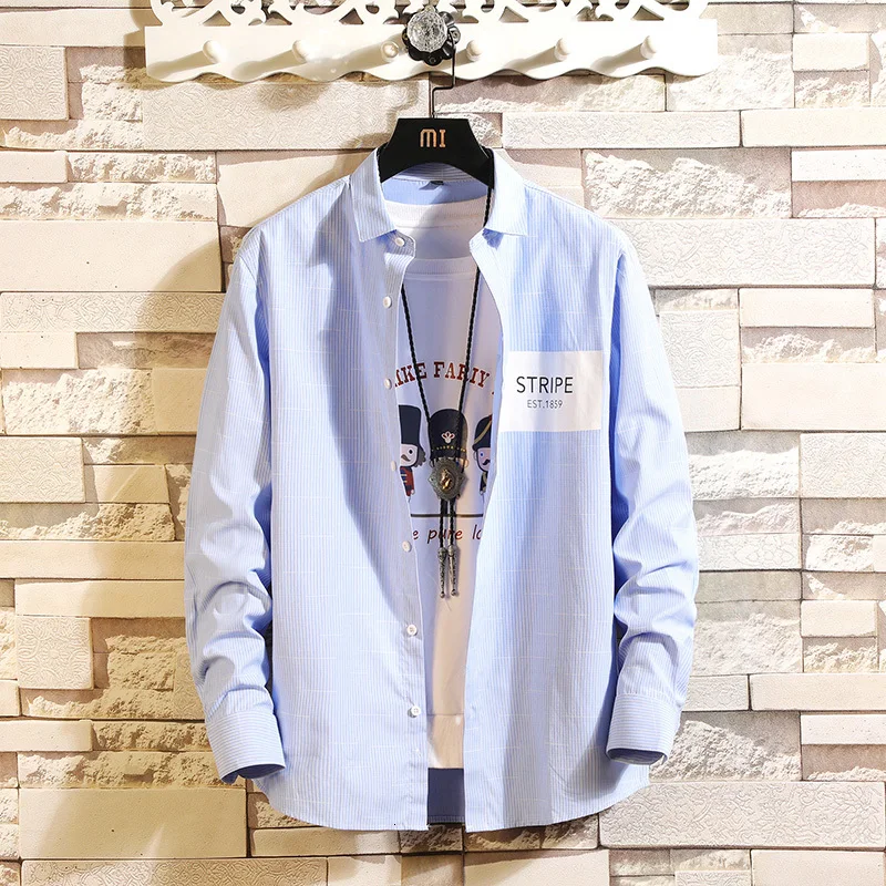 Camisa Осенняя мужская хлопковая рубашка с длинными рукавами, Повседневная Свободная Корейская версия, красивая тонкая синяя серая рубашка с принтом - Цвет: blue