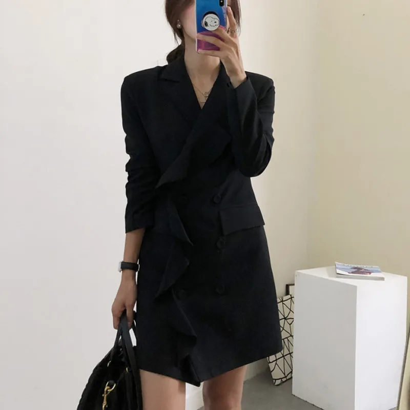 2020 Autumn Korean Office Lady Suit Coat Notched Soild Ruffles Double Breasted Casual Long Thin Wide-waisted Woman Blazer Jacket