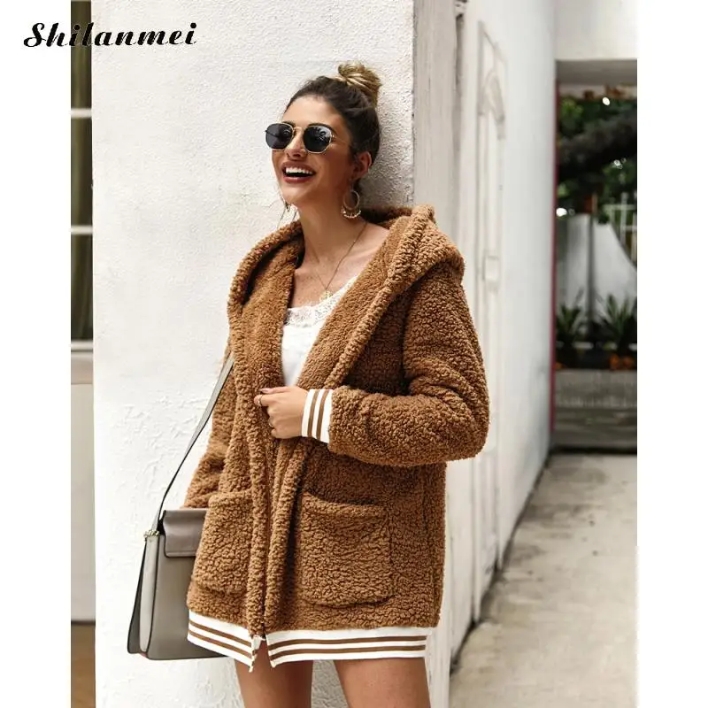 Женское флисовое пальто с капюшоном розовая Chaqueta Mujer Новая модная женская куртка из искусственного меха осень-зима; в повседневном стиле Свободное пальто-Тедди
