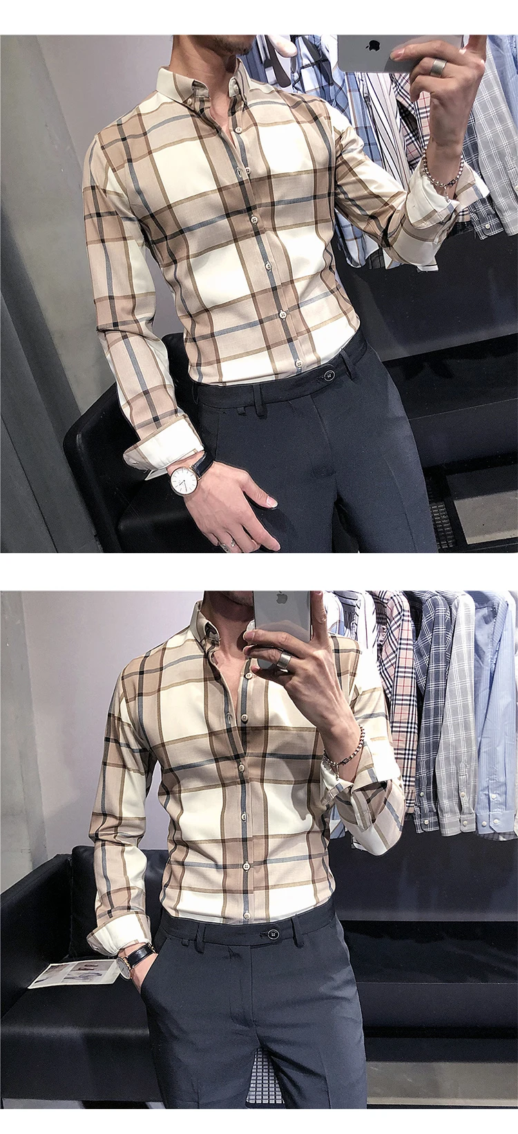 Клетчатая рубашка мужская Camisa Masculina Повседневная приталенная рубашка с длинным рукавом мужская одежда деловая официальная рубашка уличная одежда