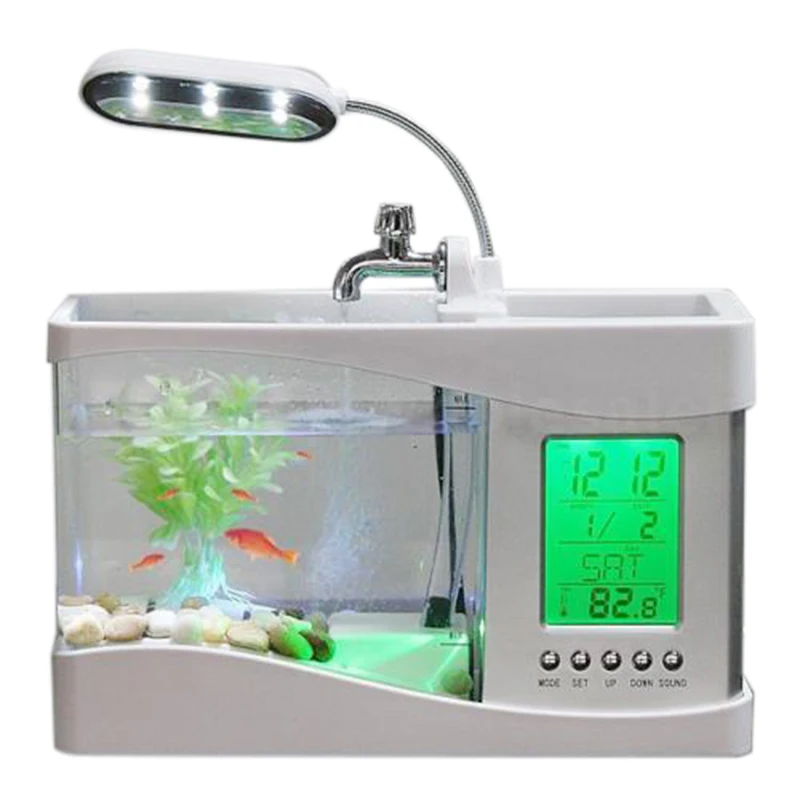 

Home Aquarium Small Fish Tank USB LCD Desktop Lamp Light LED Clock White