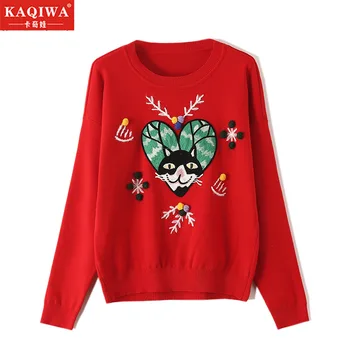 

2020 Autumn and winter new top Christmas round neck patch heart dog head loose sweater sweet fashion knitted pullover