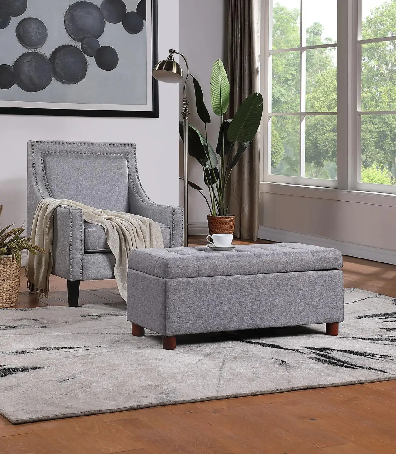 

39in Storage Bench Living Room Cabinet Tufted Linen Fabric Ottoman Storage Bench Home Furniture Soft