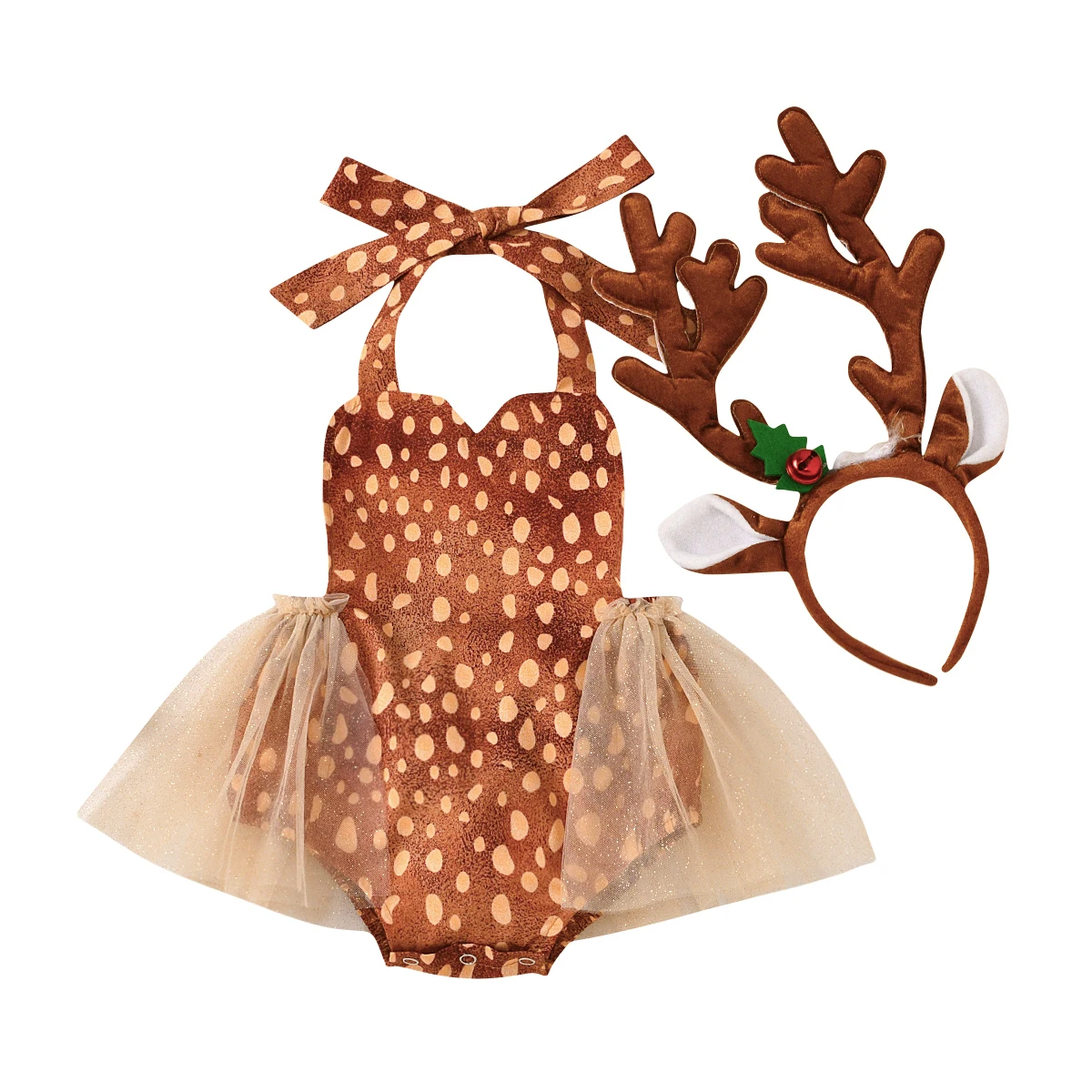 

Pudcoco 2020 Christmas Infant Baby Girls 2Pcs Set Cute Sika Deer Mesh Halter Sleeveless Backless Bodysuit+Antler Hairband Hoop