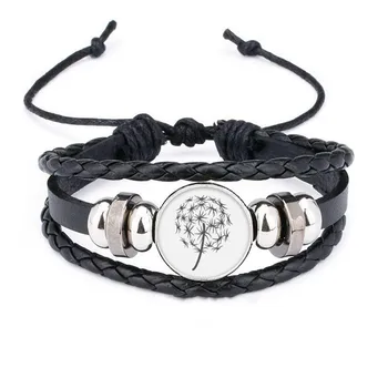 

Star Dandelion Silhouette Flower Plant Bracelet Braided Leather Rope Bead Wristband