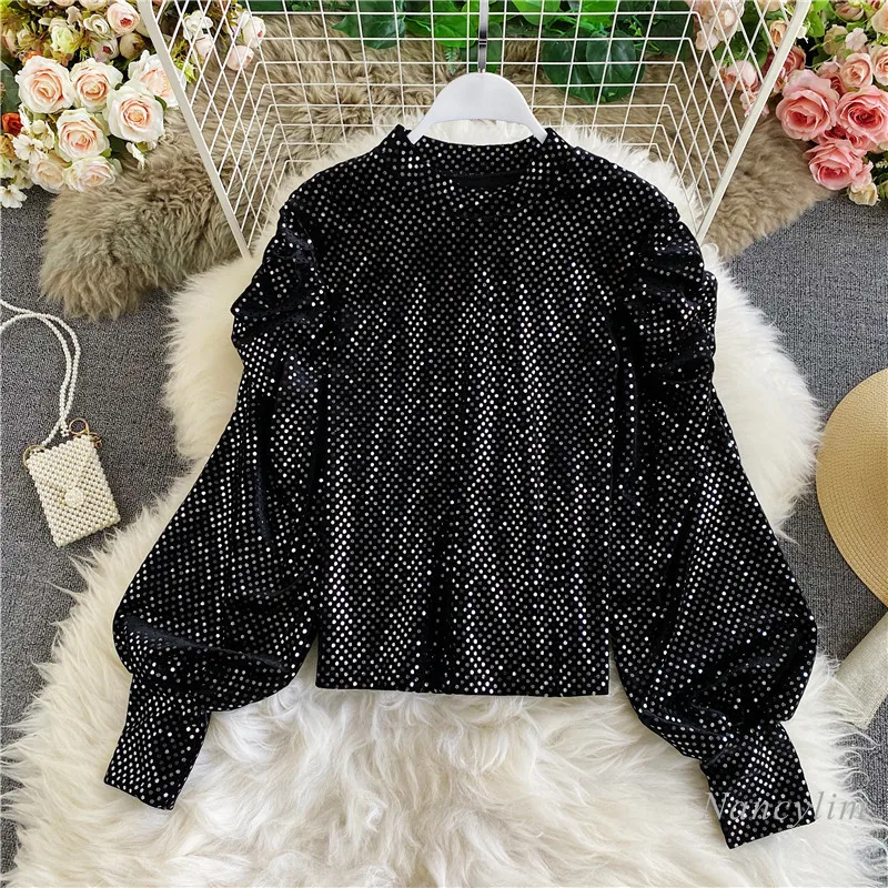 

Elegant Puff Sleeve Top Woman Retro Shiny Sequins Velvet Slim Fit Cropped Shirt Long Sleeve Blouses Blusas Femme