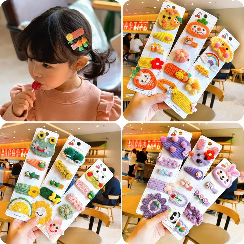 

5 Pcs/Set Children Cute Colors Knit Cartoon Fruit Bow Flower Ornament Hair Clips Baby Girls Sweet Hairpins Kids Hair Accessories