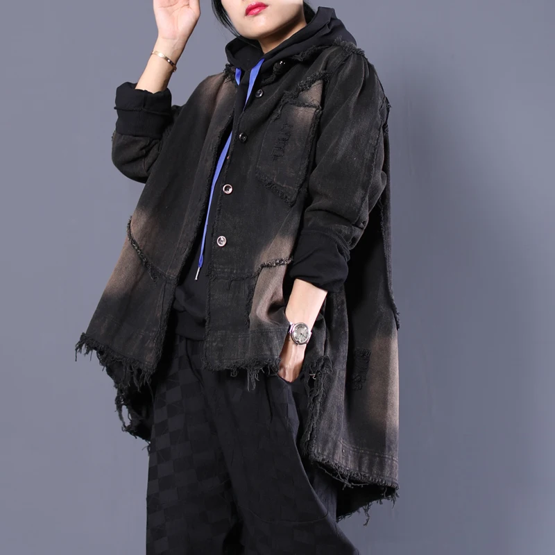 

[EWQ] 2019 New Woman Square Collar Long Sleeve Button Irregular Loose Hem Irregular Cowboy Coat Big Size Casual Jacket BL707