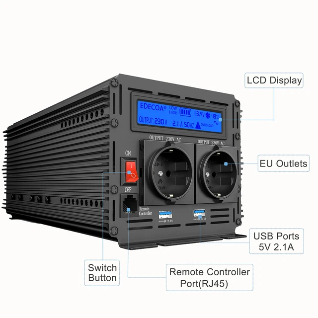 1500w onduleur 12v 220v Edecoa pur sinus DC 12V 24V TO AC 220v 230v Off  Grid Auto convertisseur 12v 220v pur sinus 3000w