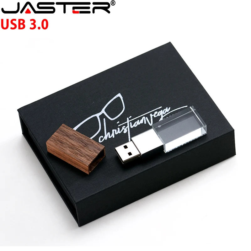 

JASTER USB 3.0 Flash Drives Colour Print Box Pen Drive Wood Crystal Memory Stick Custom Logo Pendrive 16G 32GB 64GB 128GB U Disk