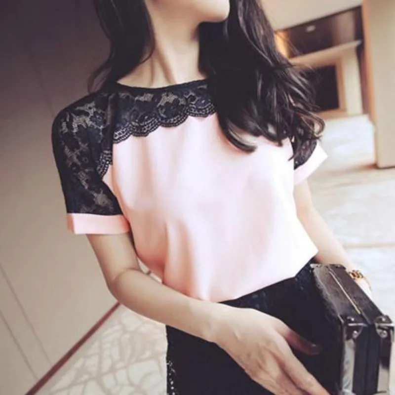 Korean Fashion Chiffon Women Blouses Lace Short Sleeve Pink Shirts Plus Size 4XL/5XL Womens Tops Blusas Femininas Elegante | Женская
