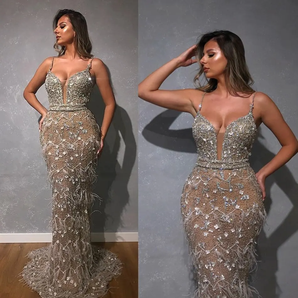 

Luxury Feather Mermaid Prom Gowns 2020 Bling Bling Beaded Sequins Spaghetti Strap Cloth Party Dresses Mermaid Evening Dresses